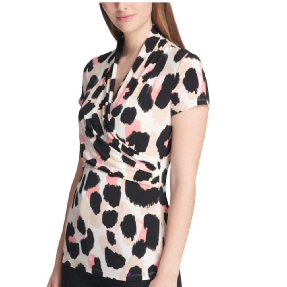 DKNY‎ Dusty Rose & Guava Pink Leopard Ruched Surplice Top
